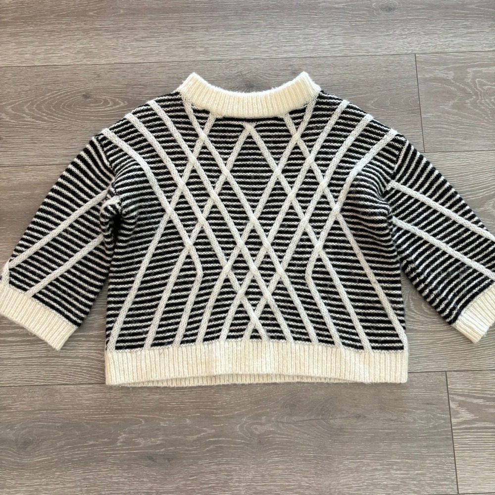 Lands' End Womens Black Cream Striped Alpaca Wool Blend Cozy Knit Sweater Size S